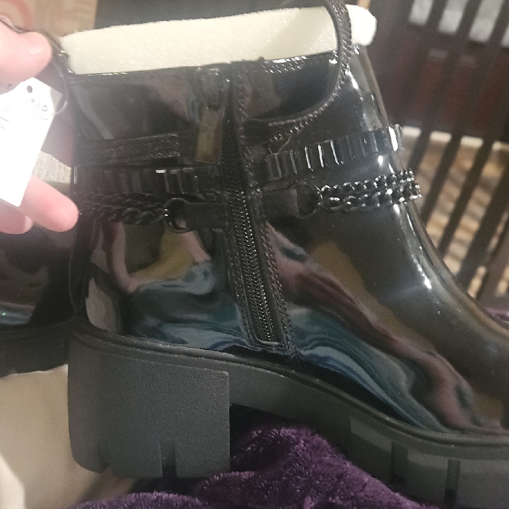 Torrid Black Patent Ankle Boots with Chain Accent